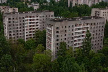 Prypiat şehri Panorama, Çernobil Yasaklama Bölgesi. Ukrayna Sovyetler Birliği 'nde Çernobil Nükleer Santrali Yabancılaşma Bölgesi