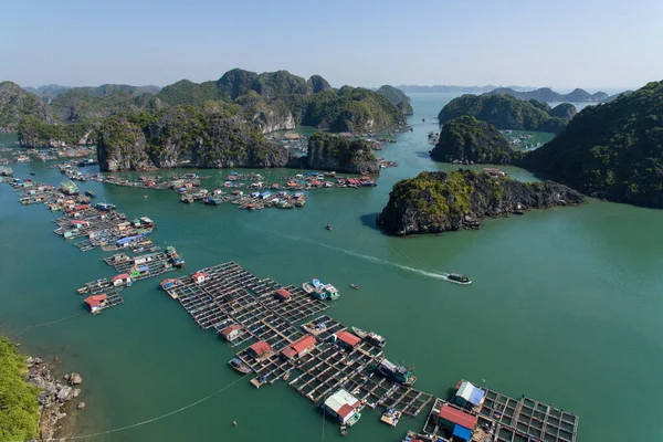 Floating Village on Ha Long Bay, Cat Ba Island, Vietnam, descending dragon bay Asia Aerial Drone Photo View