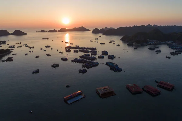 Fishing boats  in Cat Ba Island, Vietnam, Ha Long Bay descending dragon bay Asia Aerial Drone Photo View