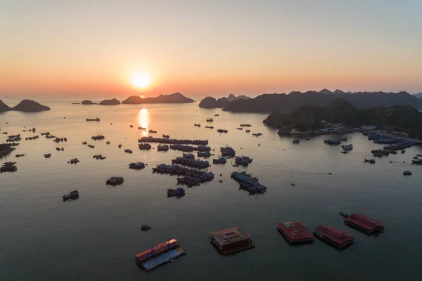 Fishing boats  in Cat Ba Island, Vietnam, Ha Long Bay descending dragon bay Asia Aerial Drone Photo View