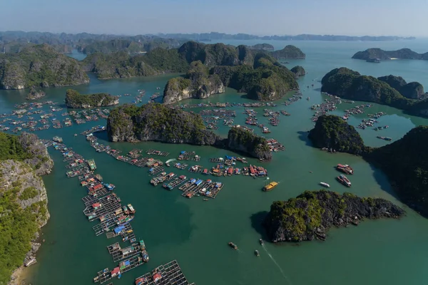 Floating Village on Ha Long Bay, Cat Ba Island, Vietnam, descending dragon bay Asia Aerial Drone Photo View