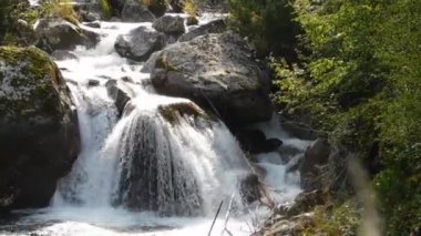 Dağ deresi hızla aşağı akıyor, büyük kayaların üzerinden, güzel bir şelale oluşturuyor..