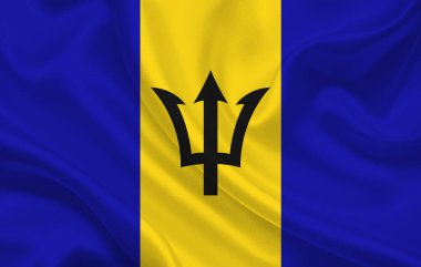 Dalgalı ipek kumaş arka plan panoramasında Barbados ülke bayrağı - illüstrasyon