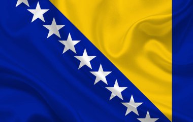 Bosna ve Hercegovina ülke bayrağı dalgalı ipek kumaş panorama arka planında - illüstrasyon