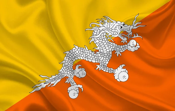 Bandeira Butão Sobre Tecido Ondulado Seda Panorama Fundo Ilustração — Fotografia de Stock
