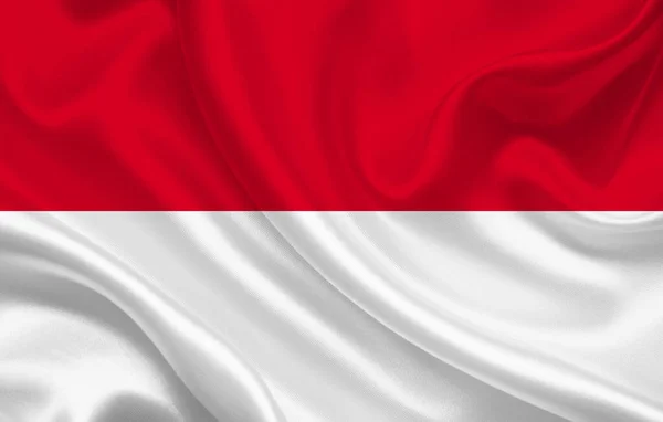 Bendera Negara Indonesia Pada Latar Belakang Kain Sutra Bergelombang Panorama — Stok Foto