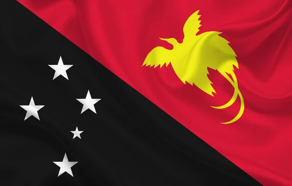 New Guinea country flag on wavy silk fabric panorama background - illustration