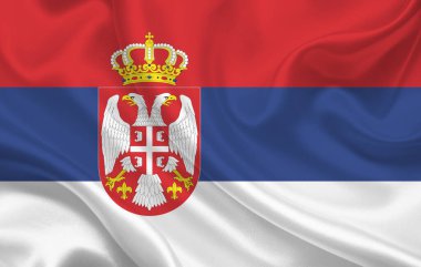 Sırbistan ülke bayrağı dalgalı ipek kumaş arka plan panoramasında - illüstrasyon