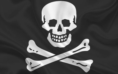 Dalgalı ipek kumaş panorama arka planında Jolly Roger bayrağı - illüstrasyon