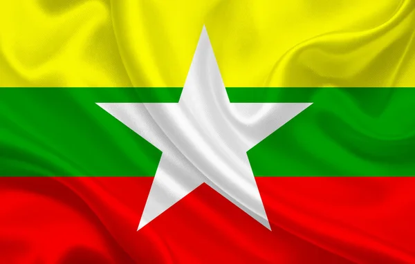 Bandera Del País Myanmar Panorama Fondo Tela Seda Ondulada Ilustración —  Fotos de Stock