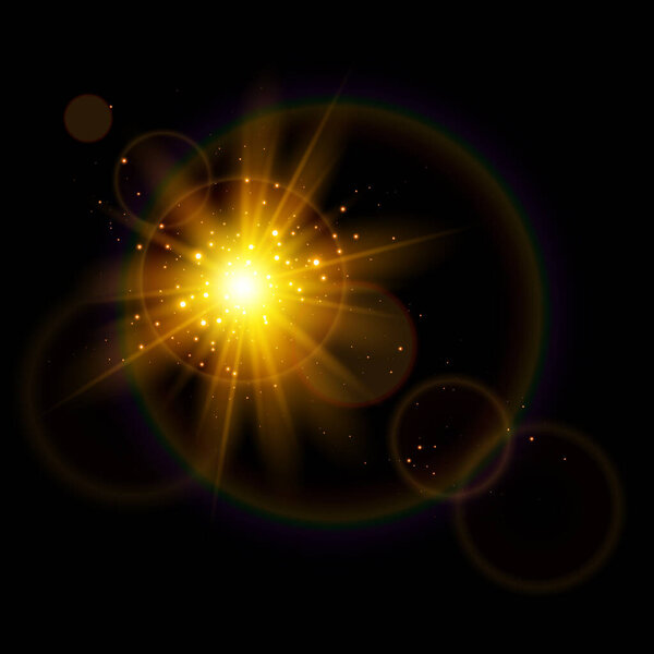 Яркое ослепляющее солнце на черном фоне - Иллюстрация
