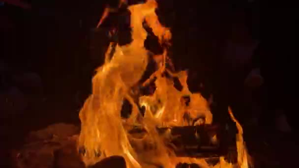 Jasnoczerwono Żółty Ogień Płonące Drewno Węgle — Wideo stockowe