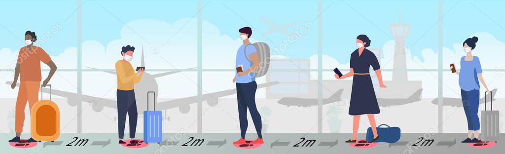 A large queue of people in the airport building waiting for boarding - Vector illustration