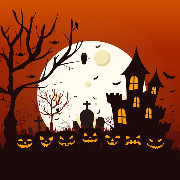 Korkunç kasvetli gece, kalenin arka planında terk edilmiş mezarlık - illüstrasyon