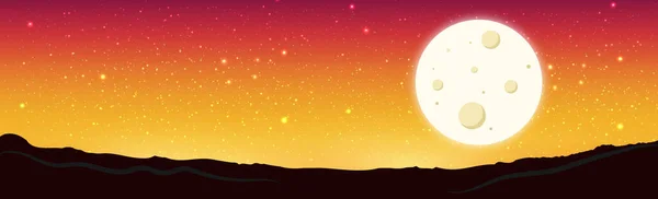 Księżyc Gwiaździste Czerwone Żółte Niebo Przeciwko Górom Ilustracja — Wektor stockowy
