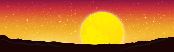 Luna Cielo Stellato Rosso Giallo Contro Montagne Illustrazione — Vettoriale Stock