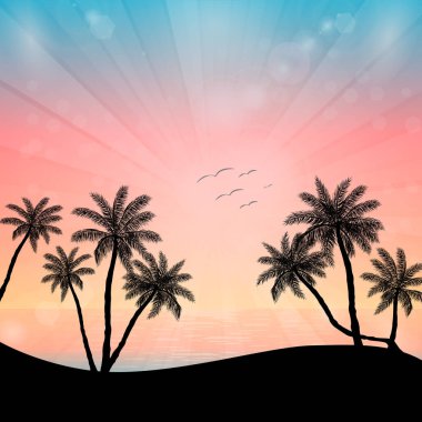Plajda gün batımında palmiye ağaçları - çizim