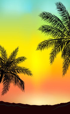 Plajda gün batımında palmiye ağaçları - çizim