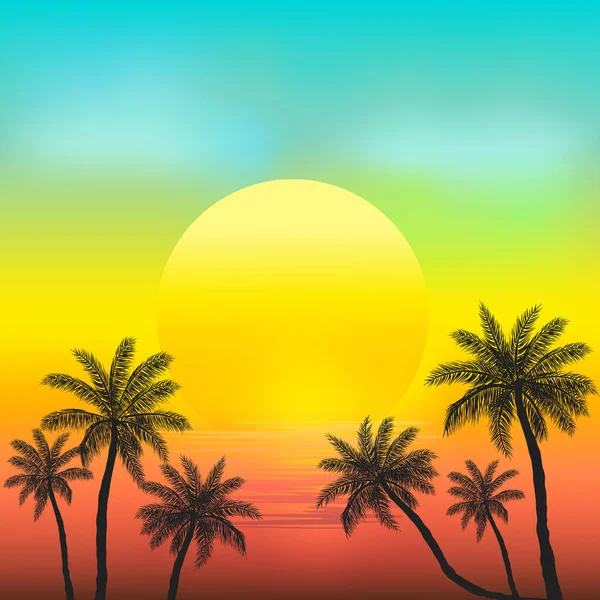 Coucher Soleil Sur Plage Avec Des Palmiers Illustration — Image vectorielle