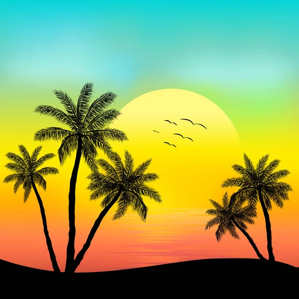 Sonnenuntergang Strand Mit Palmen Illustration — Stockvektor