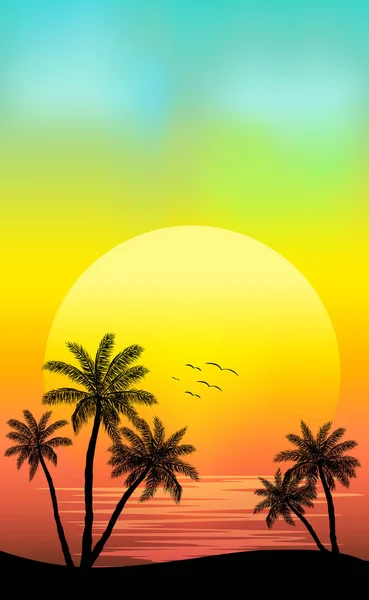 Puesta Sol Playa Con Palmeras Ilustración — Archivo Imágenes Vectoriales
