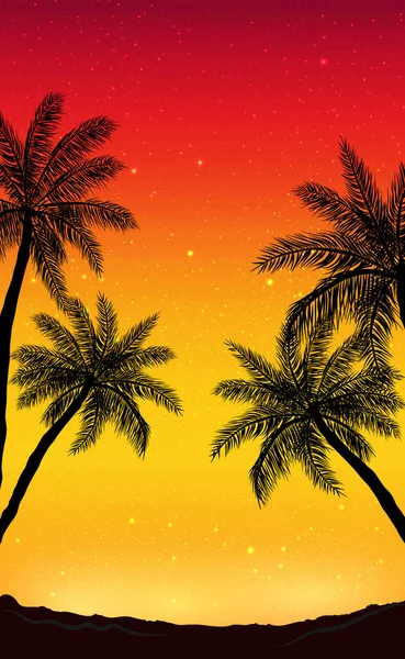 Nachtpanorama Achtergrond Van Het Strand Met Palmbomen Illustratie — Stockvector