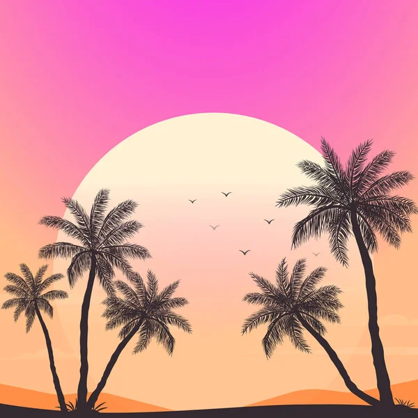 Zonsondergang Het Strand Met Palmbomen Illustratie — Stockvector