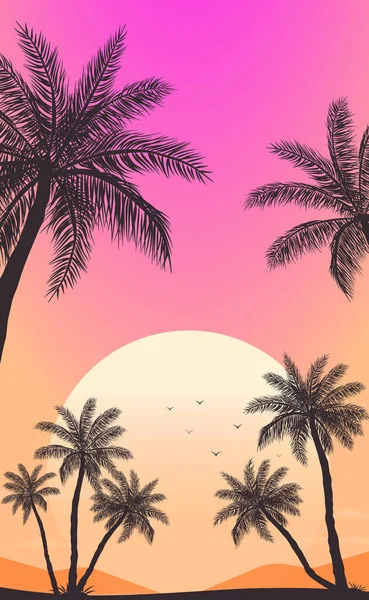 Sonnenuntergang Strand Mit Palmen Illustration — Stockvektor