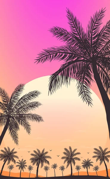 ดวงอาท ตกบนชายหาดพร อมต นปาล ภาพประกอบ — ภาพเวกเตอร์สต็อก