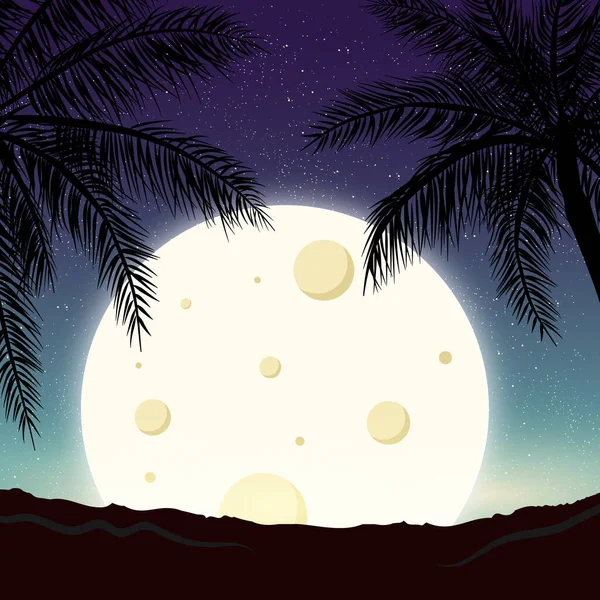 Panorama Nocturne Lune Sur Fond Palmiers Illustration — Image vectorielle