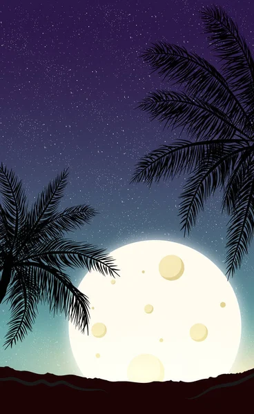 Luna Panorama Notturno Sullo Sfondo Delle Palme Illustrazione — Vettoriale Stock