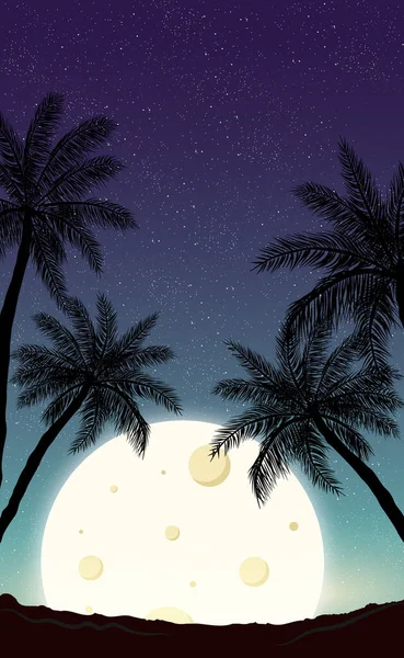 Nachtpanorama Mond Auf Dem Hintergrund Von Palmen Illustration — Stockvektor