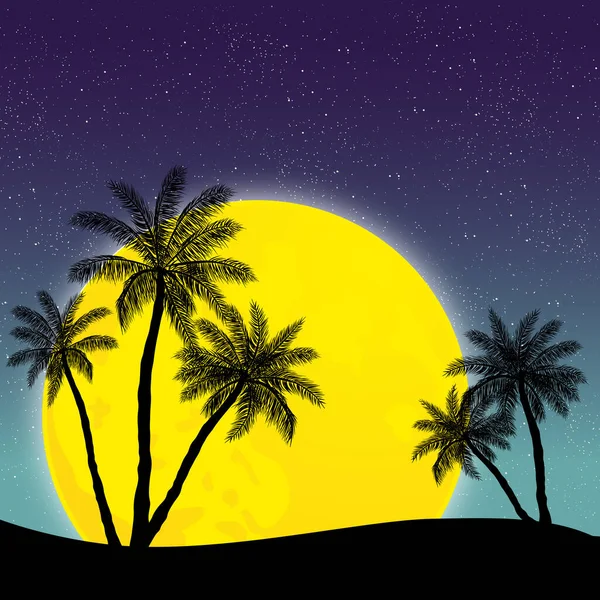 Éjszakai Panoráma Hold Pálmafák Hátterében Illusztráció — Stock Vector