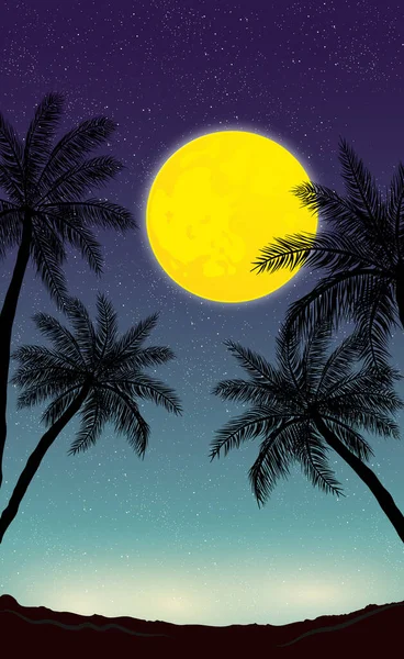 Nocny Księżyc Panoramiczny Tle Palm Ilustracja — Wektor stockowy