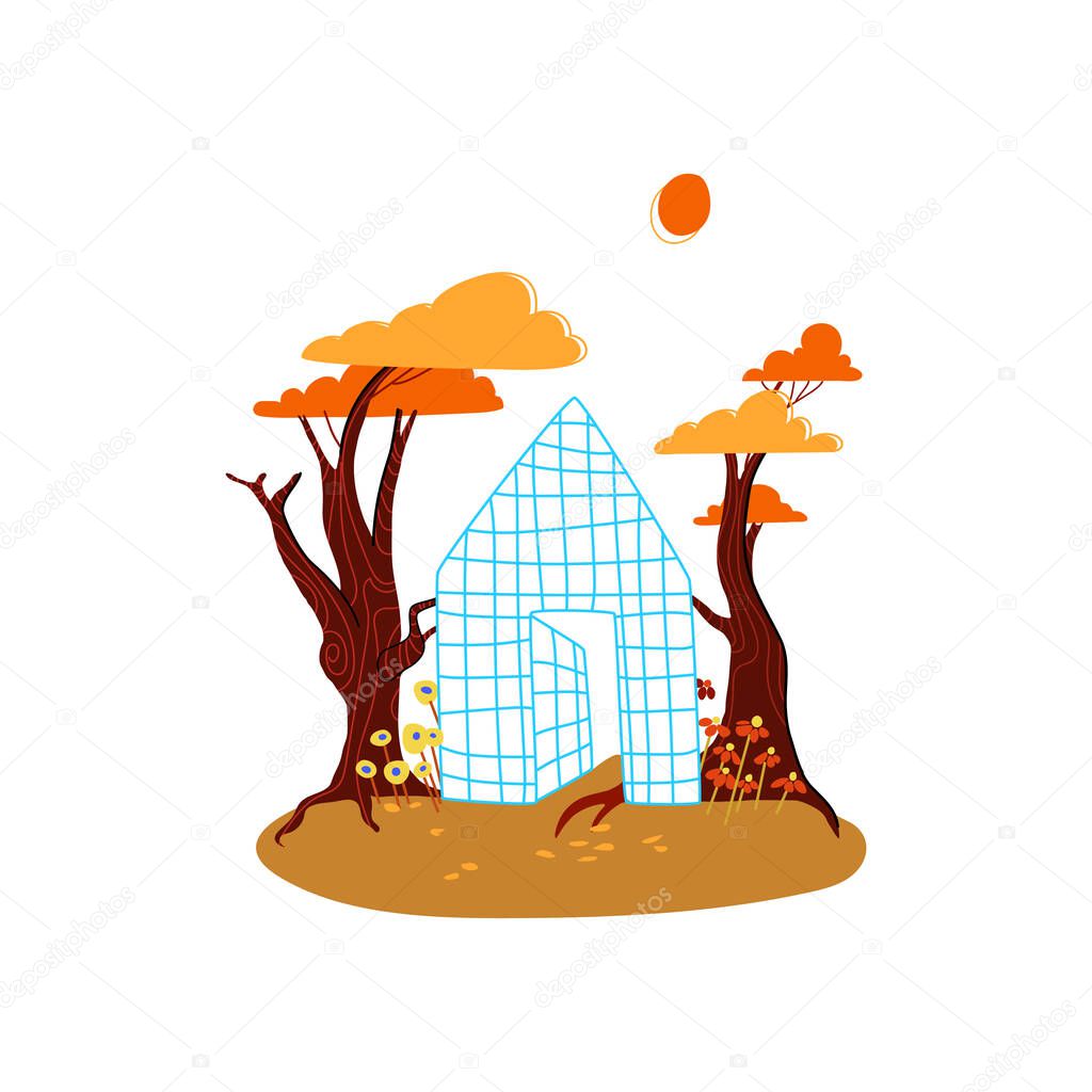 Cartoon Autumn Trees Flowers Fallen Leaves On The Lawn Going Out Into Nature Relaxing Outside Autumn Forest In Yellow Orange Tones Isolated On White Background Vector Stock Illustration Premium Vector In
