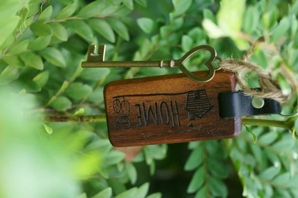 Vintage House Key Classic Wooden Home Keyring Green Leaf Background — Stock Photo, Image