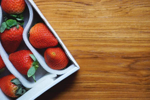 Lovely Red Fresh Ripe Strawberry White Package Wooden Table Copy — Stock Photo, Image