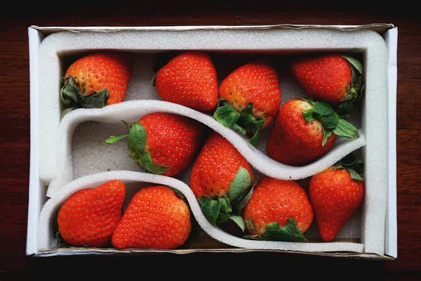 Lovely Red Fresh Ripe Strawberry White Package Wooden Table Copy — Stock Photo, Image