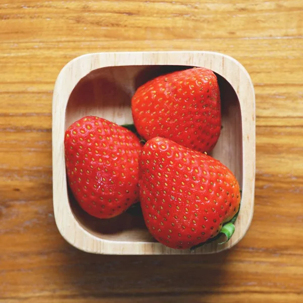 Lovely Red Fresh Ripe Strawberry Wood Bowl Wooden Table Copy — Stock Photo, Image