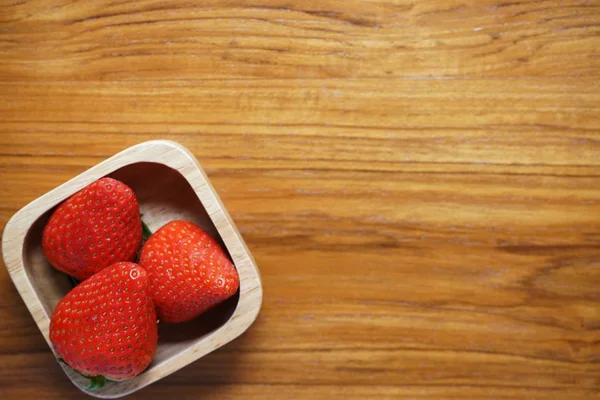 Lovely Red Fresh Ripe Strawberry Wood Bowl Wooden Table Copy — Stock Photo, Image