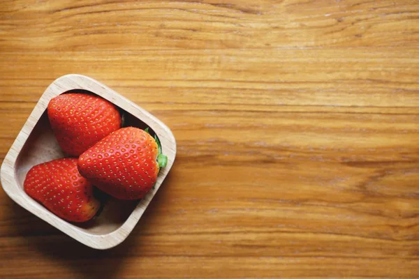 Lovely Red Fresh Ripe Strawberry Wood Bowl Wooden Table Copy — Stock Photo, Image