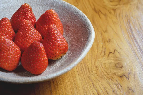 Lovely Red Fresh Ripe Strawberry Bowl Wooden Table Copy Space — Stock Photo, Image