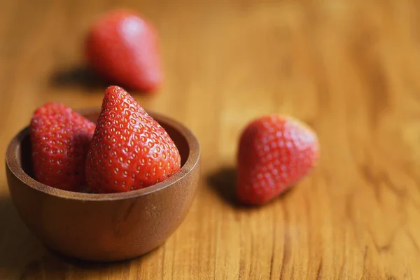 Lovely Red Fresh Ripe Strawberry Wood Bowl Wooden Table Copy — Stock Photo, Image
