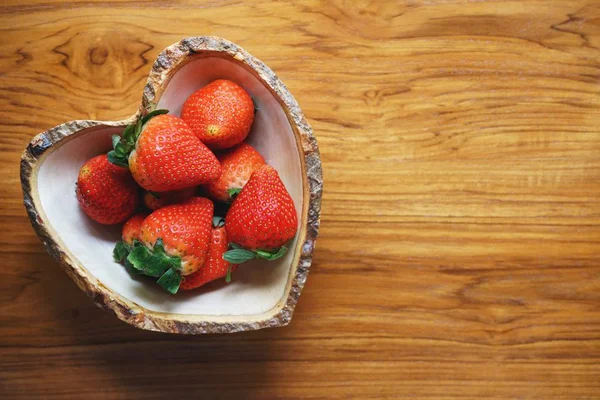 Lovely Red Fresh Ripe Strawberry Heart Shape Bowl Wooden Table — Stock Photo, Image