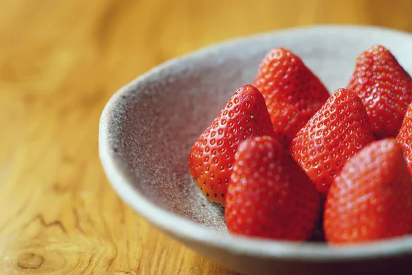 Lovely Red Fresh Ripe Strawberry Bowl Wooden Table Copy Space — Stock Photo, Image