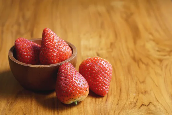 Lovely Red Fresh Ripe Strawberry Wood Bowl Wooden Table Copy — Stock Photo, Image