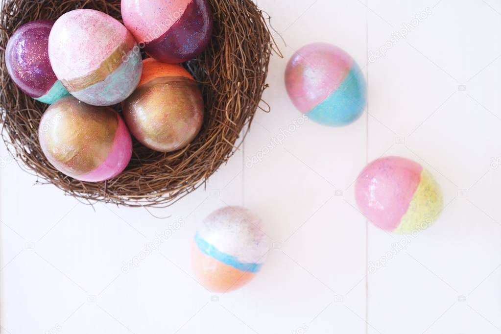 Colorful fancy easter eggs on white background, fun activity for kid concept, copy space