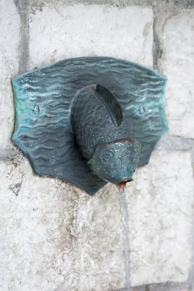 Старый Металлический Питьевой Фонтан Форме Рыбы Стене — стоковое фото
