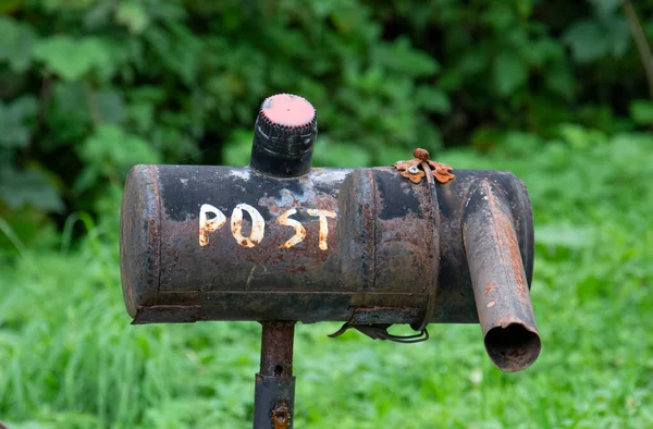 Letter Box Made Old Exhaust Pipe Rusty Metal Vintage Mailbox — Stock Photo, Image