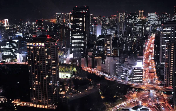 Magnífico panorama de la ciudad nocturna desde la torre alta. Impresionante punto culminante de la gran ciudad. Tokio, Japón . — Foto de Stock